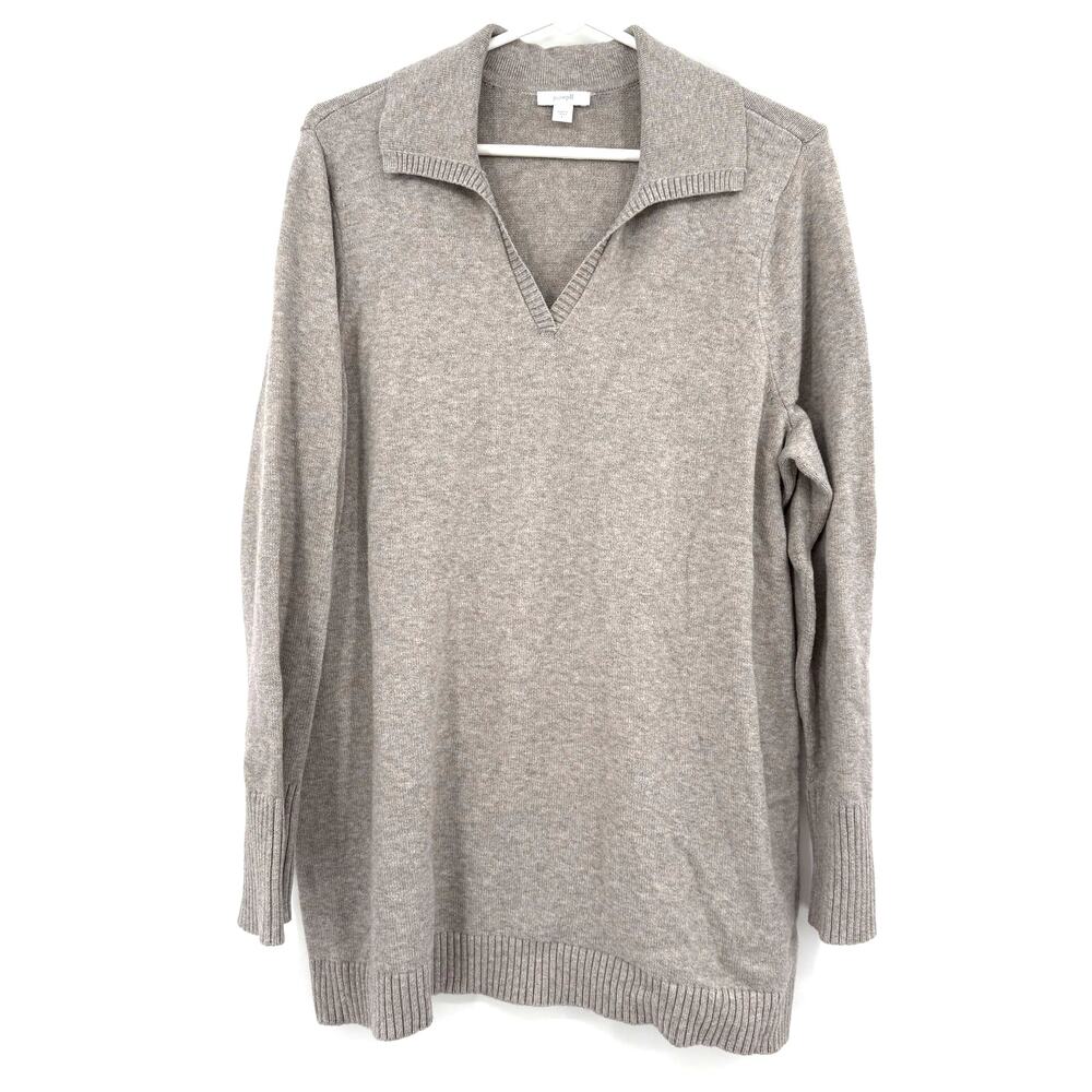 J. Jill PureJill Size Large Tan Pullover Sweater Collared V Neck Cotton Blend